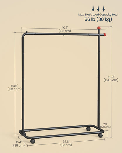 SONGMICS HOME Clothes Rack, Clothes Rail on Wheels, Portable Garment Rack, with 1 Clothes Hanging Rail, Matchstick-Shaped Hooks, Ink Black