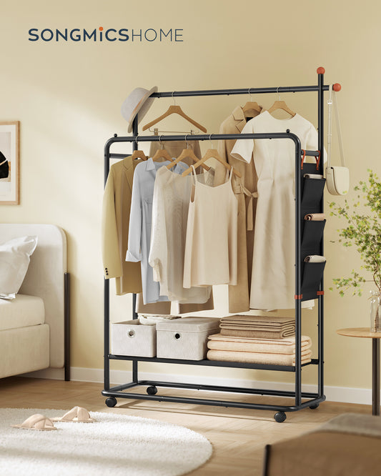 Double-Rod Clothes Rack, Clothing Rack on Wheels, Portable Garment Rack, with 2 Clothes Hanging Rails, Fabric Shelf and Storage Bag, Matchstick-Shaped Hooks, Ink Black