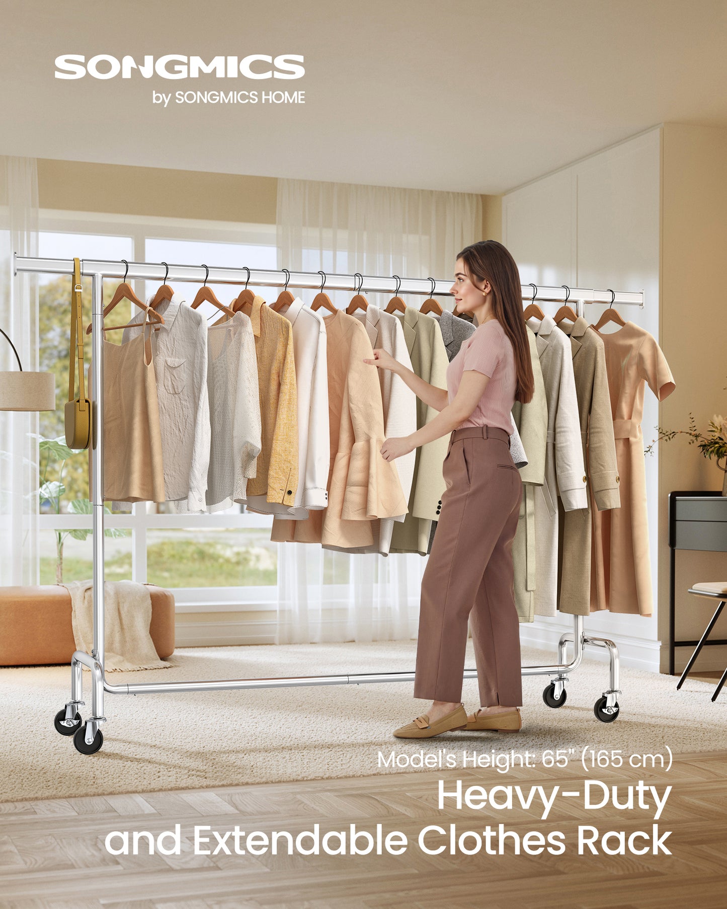Clothes Rack with Wheels Heavy Duty, Extendable Hanging Rod, 243 lb Load Capacity, Size: 17.7 x (63 - 78.7) x 64.1 Inches