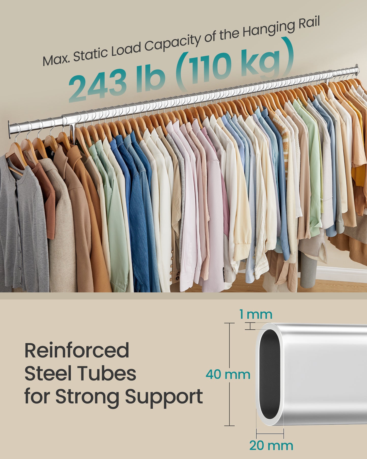 Clothes Rack with Wheels Heavy Duty, Extendable Hanging Rod, 243 lb Load Capacity, Size: 17.7 x (63 - 78.7) x 64.1 Inches