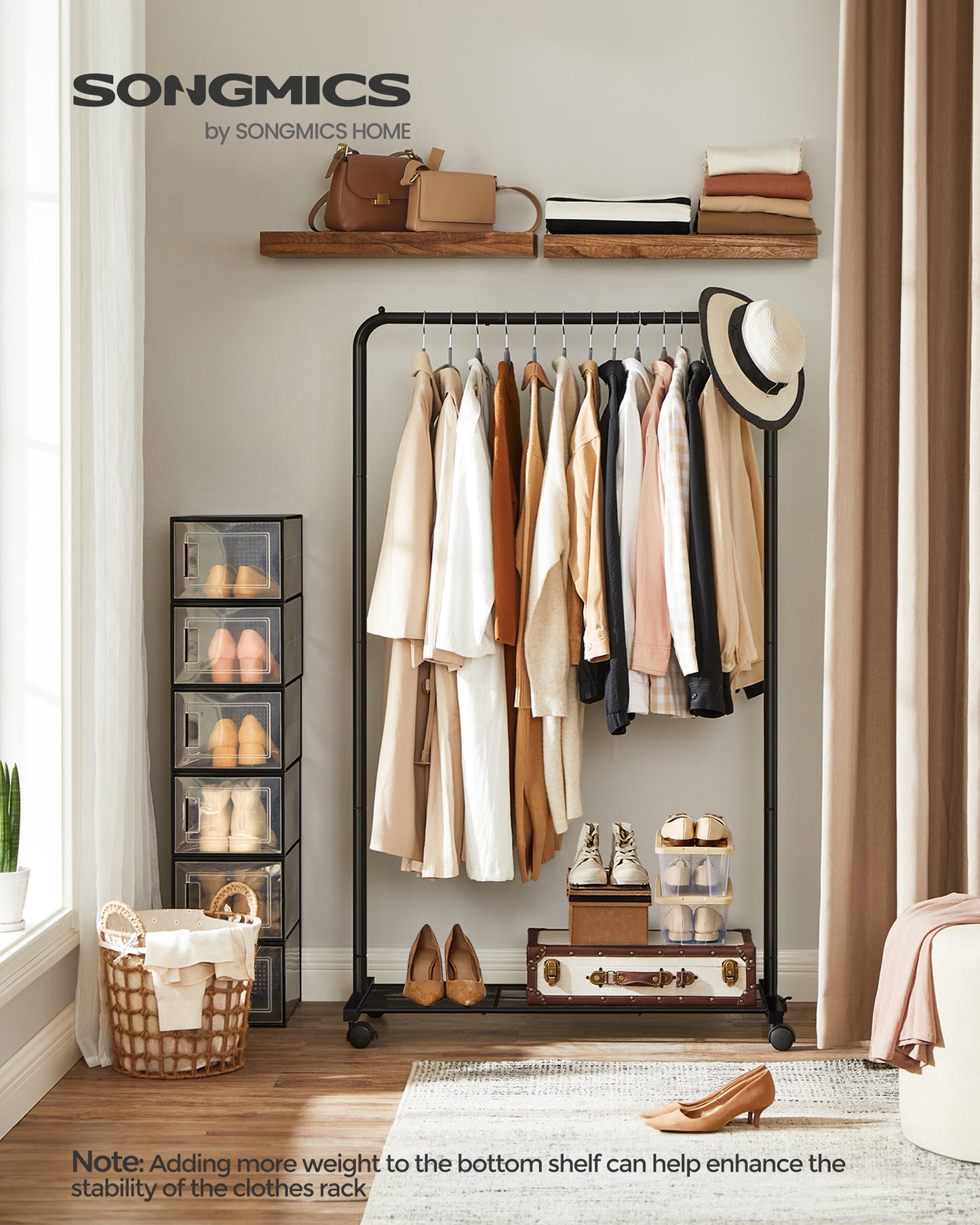 Heavy-Duty Clothes Rack with Dense Mesh Storage Shelf 25.4mm Metal Garment Rack with Wheels and 2 Brakes, 110 lb Load Capacity Clothes Rack
