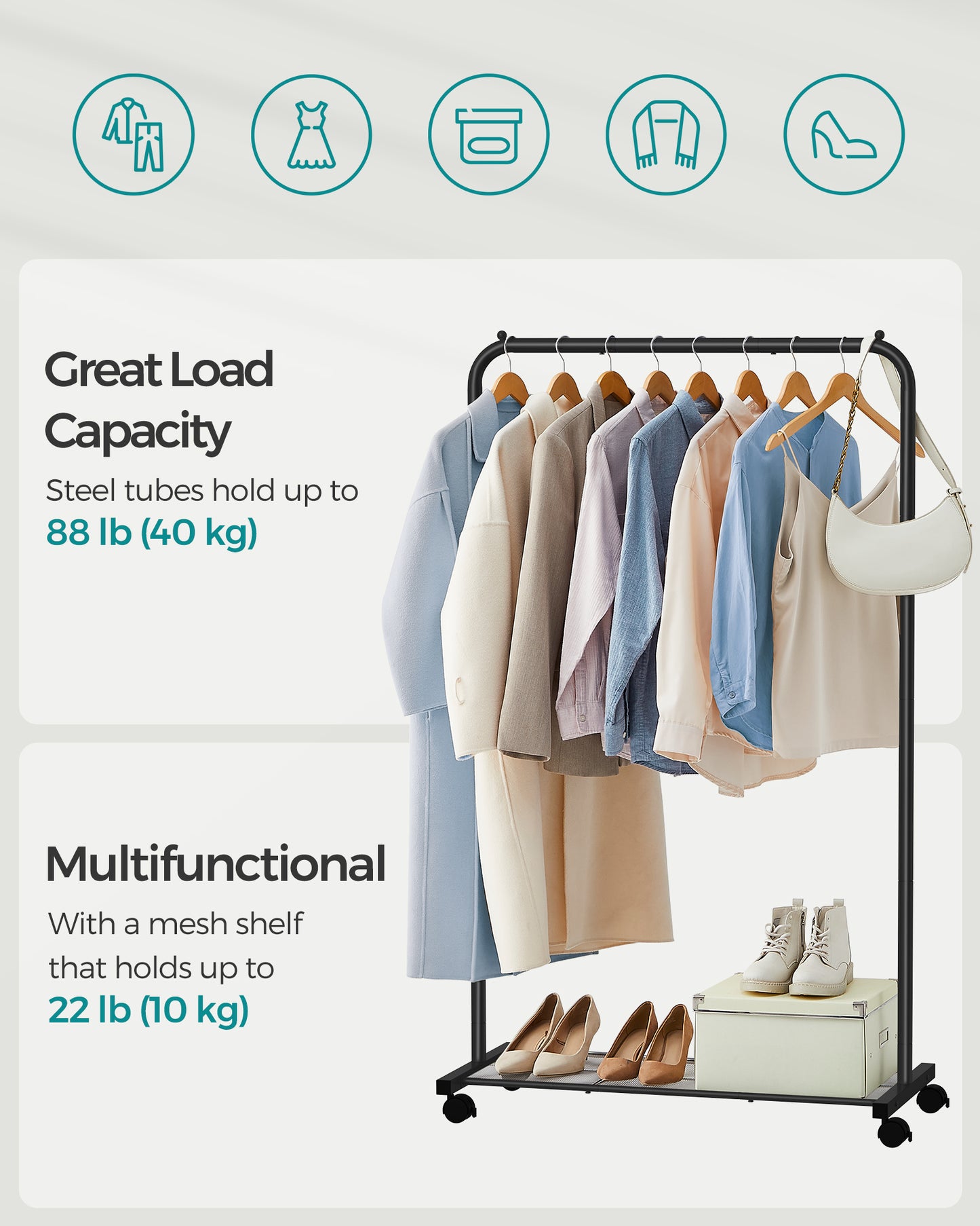 Heavy-Duty Clothes Rack with Dense Mesh Storage Shelf 25.4mm Metal Garment Rack with Wheels and 2 Brakes, 110 lb Load Capacity Clothes Rack