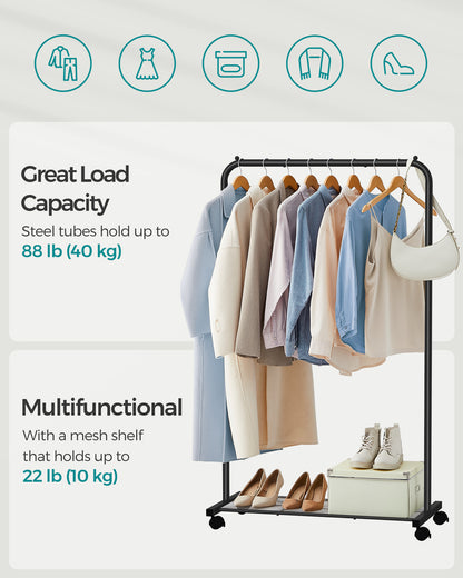 Heavy-Duty Clothes Rack with Dense Mesh Storage Shelf 25.4mm Metal Garment Rack with Wheels and 2 Brakes, 110 lb Load Capacity Clothes Rack