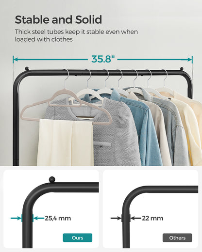 Heavy-Duty Clothes Rack with Dense Mesh Storage Shelf 25.4mm Metal Garment Rack with Wheels and 2 Brakes, 110 lb Load Capacity Clothes Rack