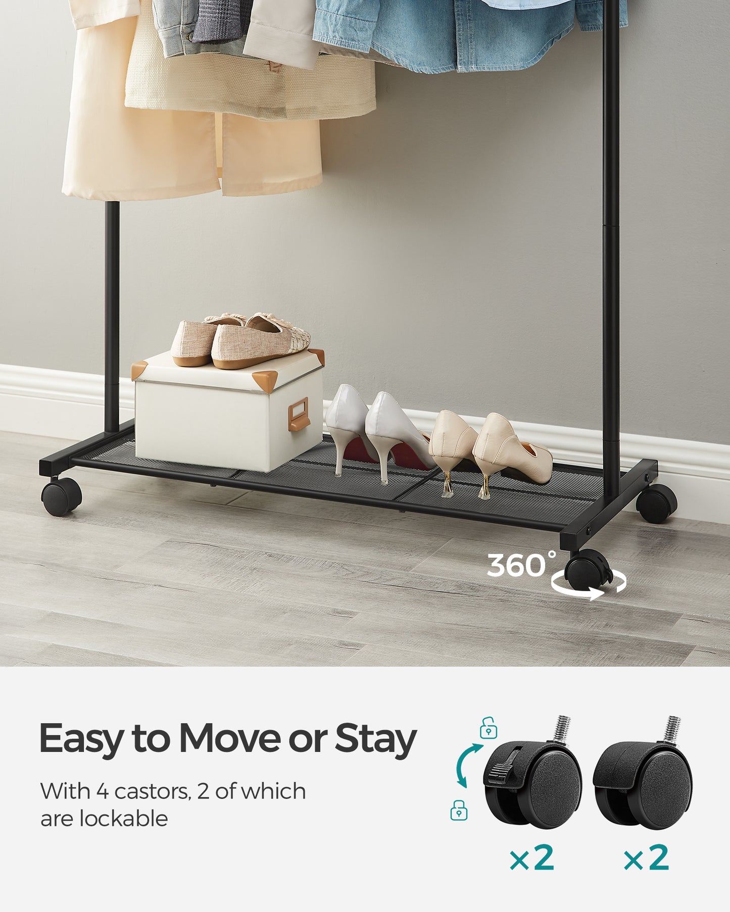 SONGMICS 110 lb Load Capacity Clothes Rack with Wheels Garment Rack with Storage Shelf Clothing Rack for Bedroom 2 Brakes Steel Frame Black