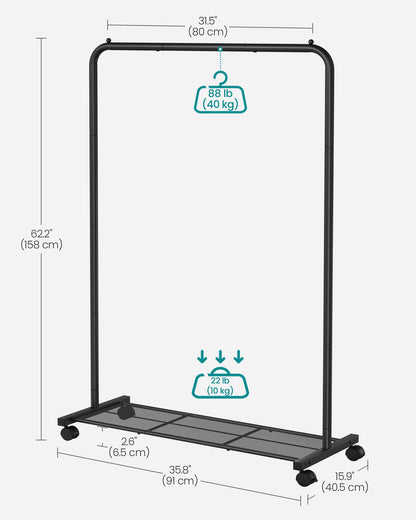 SONGMICS 110 lb Load Capacity Clothes Rack with Wheels Garment Rack with Storage Shelf Clothing Rack for Bedroom 2 Brakes Steel Frame Black