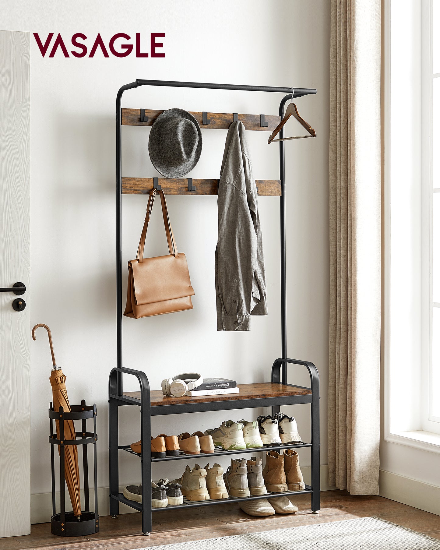 VASAGLE 4-in-1 Coat Rack Hall Tree with Shoe Bench for Entryway with 9 Removable Hooks 13.3 x 33.1 x 72.1 Inches Rustic Brown and Black