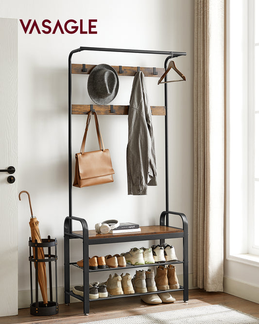 VASAGLE 4-in-1 Coat Rack Hall Tree with Shoe Bench for Entryway with 9 Removable Hooks 13.3 x 33.1 x 72.1 Inches Rustic Brown and Black
