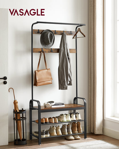 VASAGLE Coat Rack, Hall Tree with Shoe Bench Entryway Bench with Coat Rack, 4-in-1, with 9 Removable Hooks, a Hanging Rod