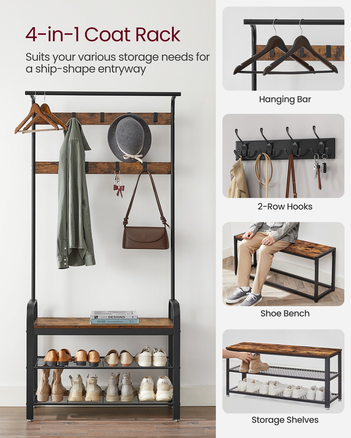 VASAGLE Coat Rack, Hall Tree with Shoe Bench Entryway Bench with Coat Rack, 4-in-1, with 9 Removable Hooks, a Hanging Rod