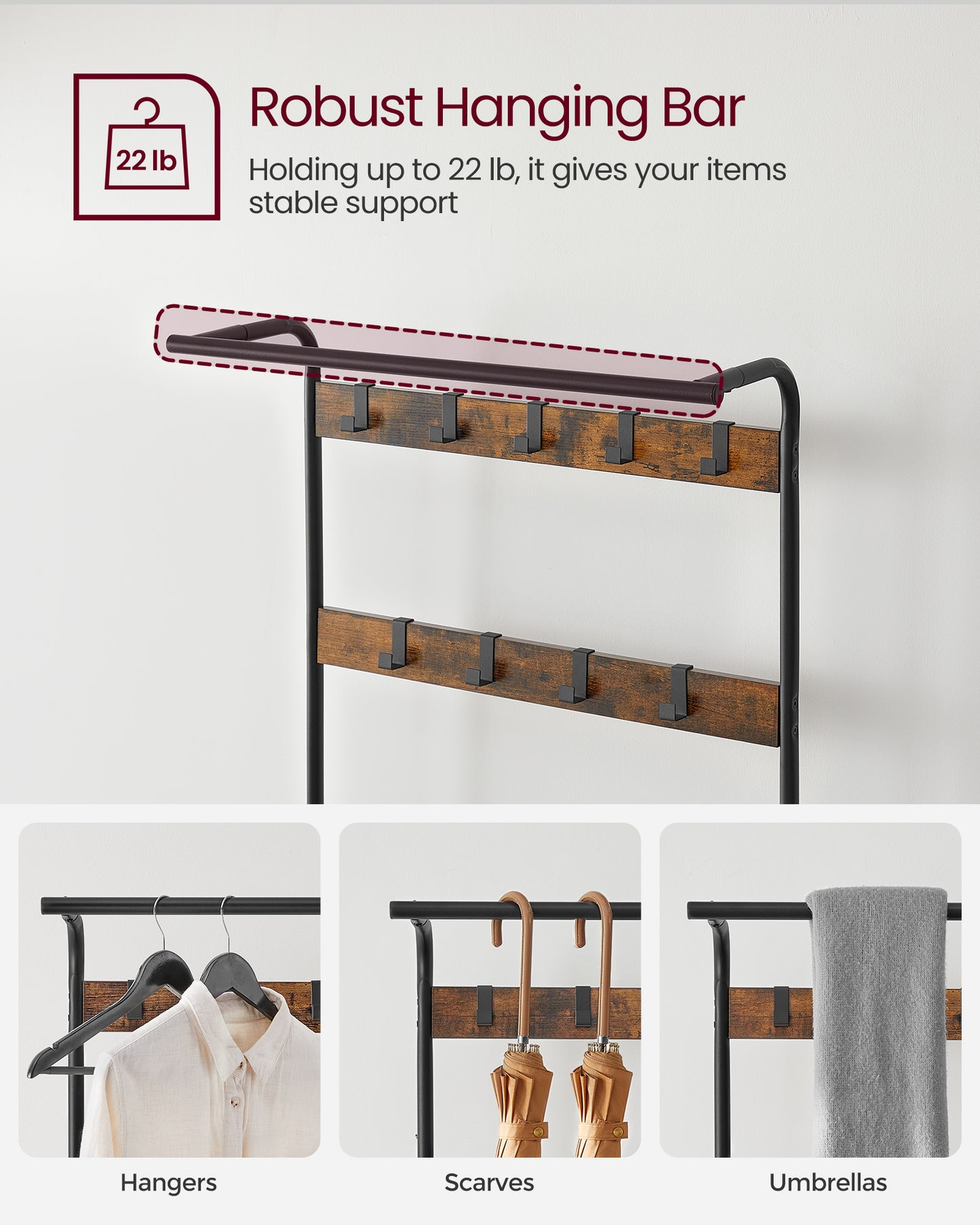 VASAGLE Coat Rack, Hall Tree with Shoe Bench Entryway Bench with Coat Rack, 4-in-1, with 9 Removable Hooks, a Hanging Rod