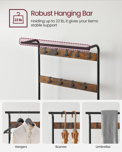 VASAGLE Coat Rack, Hall Tree with Shoe Bench Entryway Bench with Coat Rack, 4-in-1, with 9 Removable Hooks, a Hanging Rod