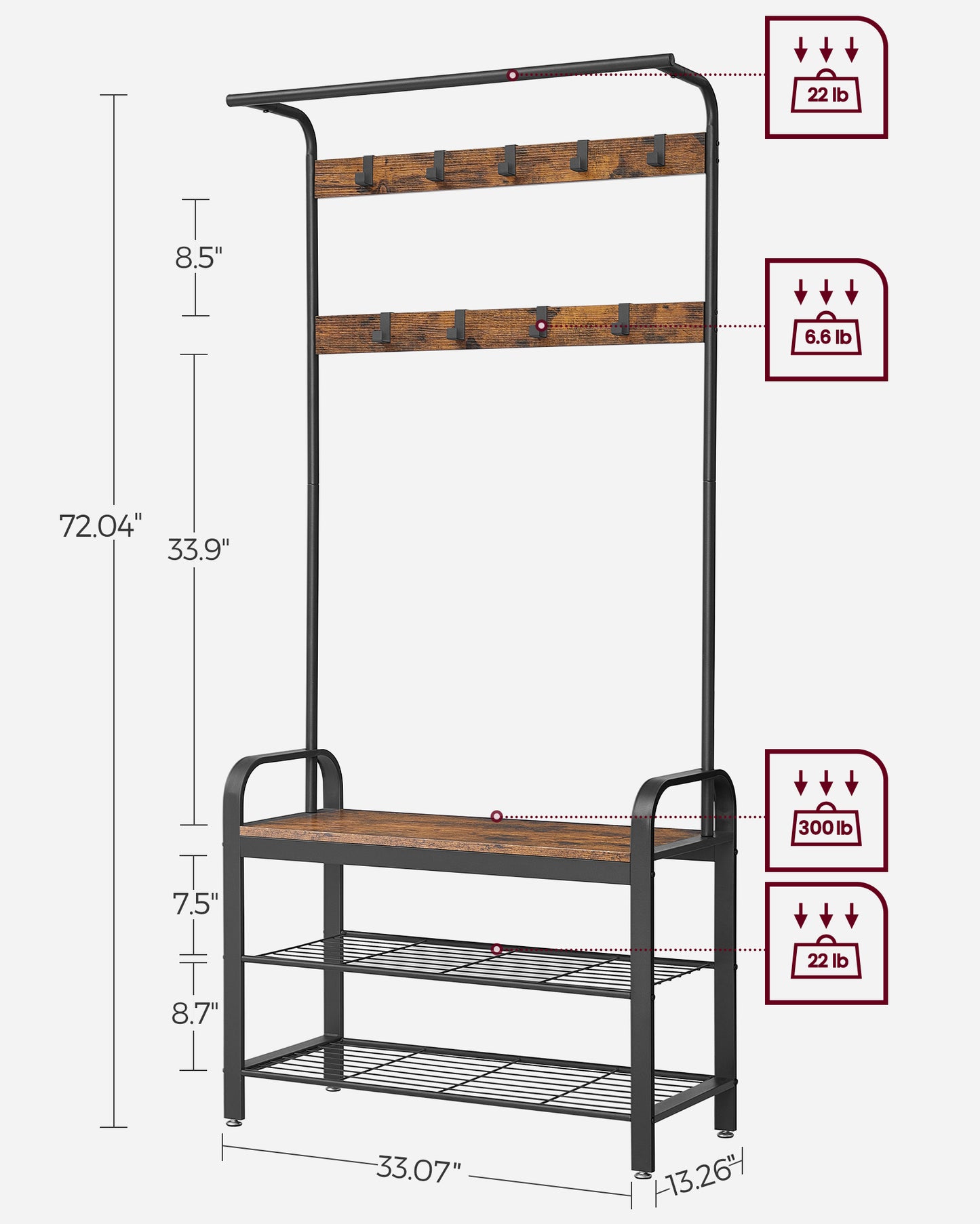 VASAGLE Coat Rack, Hall Tree with Shoe Bench Entryway Bench with Coat Rack, 4-in-1, with 9 Removable Hooks, a Hanging Rod