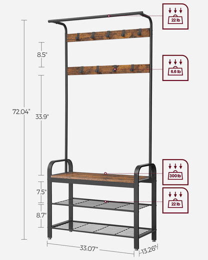 VASAGLE Coat Rack, Hall Tree with Shoe Bench Entryway Bench with Coat Rack, 4-in-1, with 9 Removable Hooks, a Hanging Rod