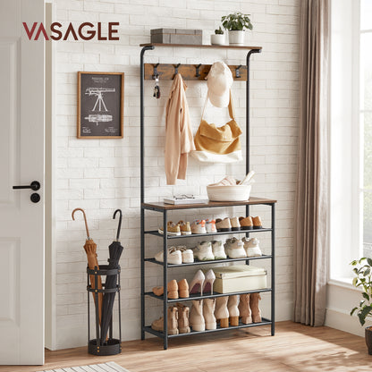 VASAGLE Coat Rack Hall Tree with 5-Tier Shoe Rack Rustic 12.4"D x 31.5"W x 72.2"H Brown and Black