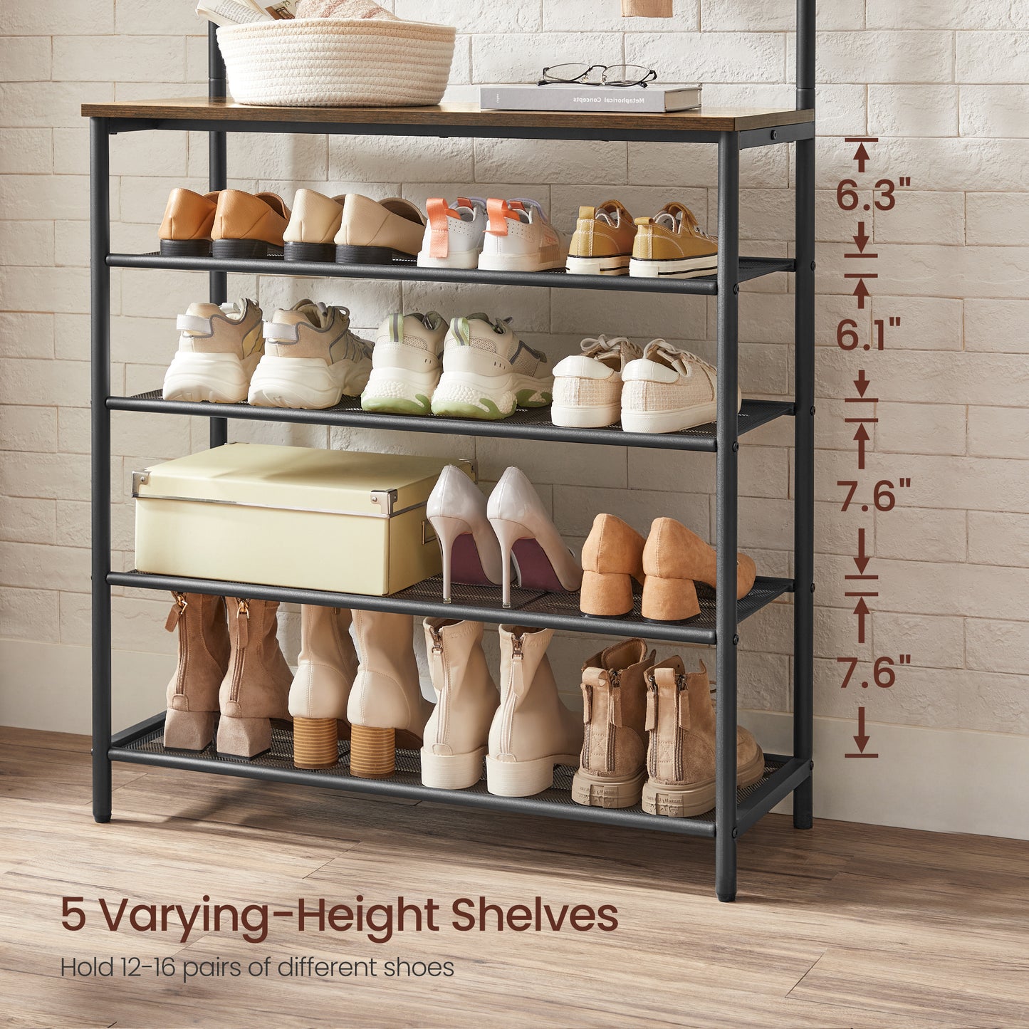 VASAGLE Coat Rack Hall Tree with 5-Tier Shoe Rack Rustic 12.4"D x 31.5"W x 72.2"H Brown and Black