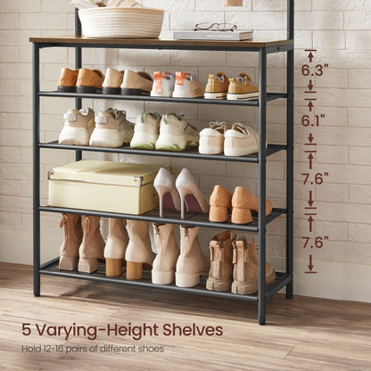 VASAGLE Coat Rack Hall Tree with 5-Tier Shoe Rack Rustic 12.4"D x 31.5"W x 72.2"H Brown and Black