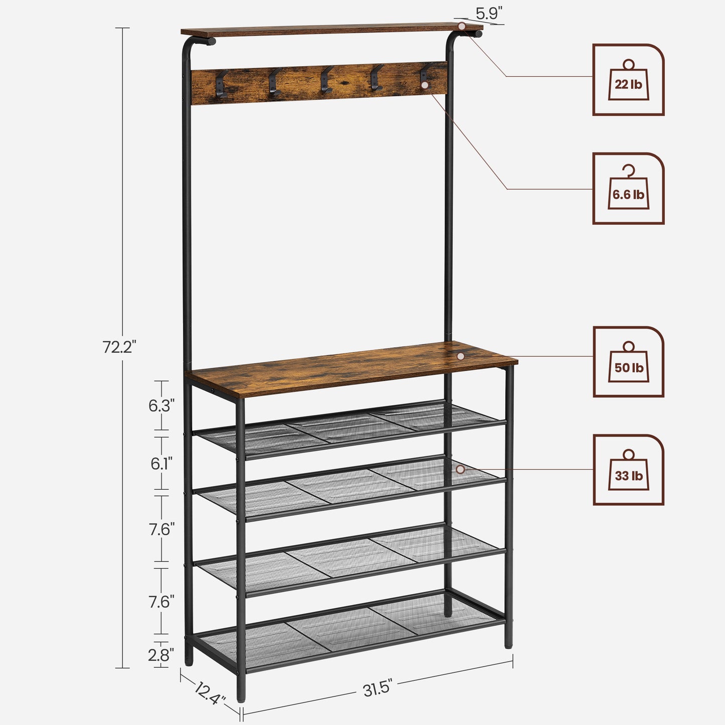 VASAGLE Coat Rack Hall Tree with 5-Tier Shoe Rack Rustic 12.4"D x 31.5"W x 72.2"H Brown and Black