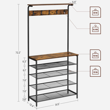 VASAGLE Coat Rack Hall Tree with 5-Tier Shoe Rack Rustic 12.4"D x 31.5"W x 72.2"H Brown and Black