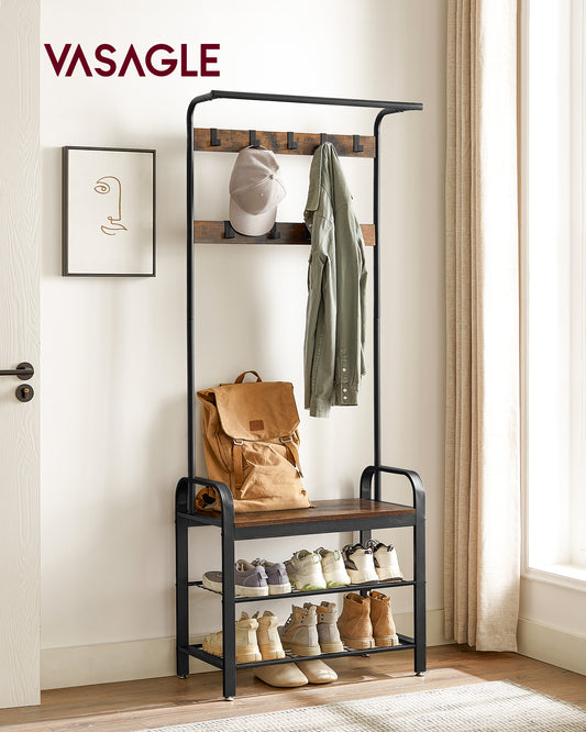 Coat Rack, Hall Tree with Shoe Bench for Entryway, Entryway Bench with Coat Rack, 4-in-1, with 9 Removable Hooks, a Hanging Rod, 13.3 x 28.3 x 72.1 Inches, Rustic Brown and Black