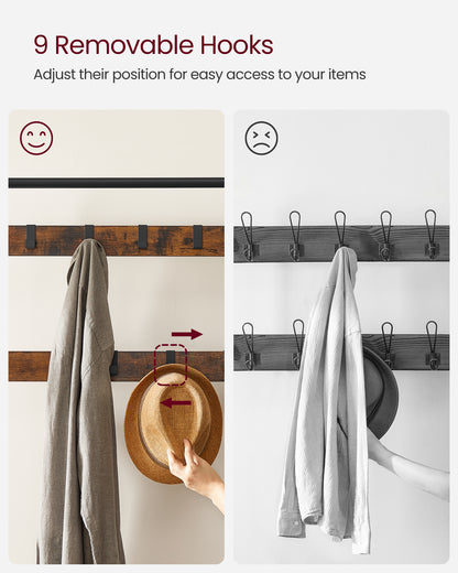 Coat Rack, Hall Tree with Shoe Bench for Entryway, Entryway Bench with Coat Rack, 4-in-1, with 9 Removable Hooks, a Hanging Rod, 13.3 x 28.3 x 72.1 Inches, Rustic Brown and Black