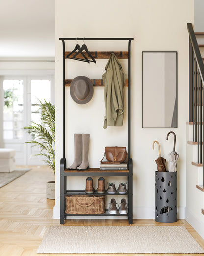 Coat Rack, Hall Tree with Shoe Bench for Entryway, Entryway Bench with Coat Rack, 4-in-1, with 9 Removable Hooks, a Hanging Rod, 13.3 x 28.3 x 72.1 Inches, Rustic Brown and Black