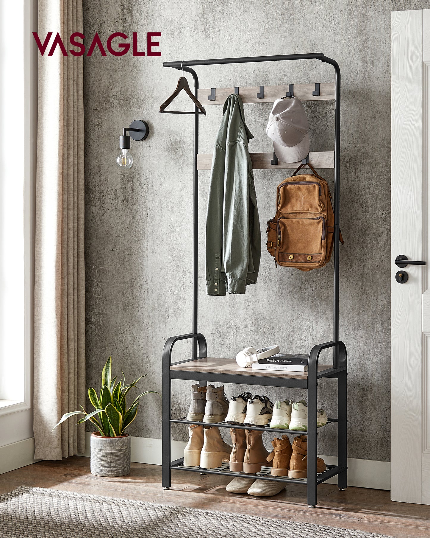 Coat Rack, Hall Tree with Shoe Bench for Entryway, Entryway Bench with Coat Rack, 4-in-1, with 9 Removable Hooks, a Hanging Rod