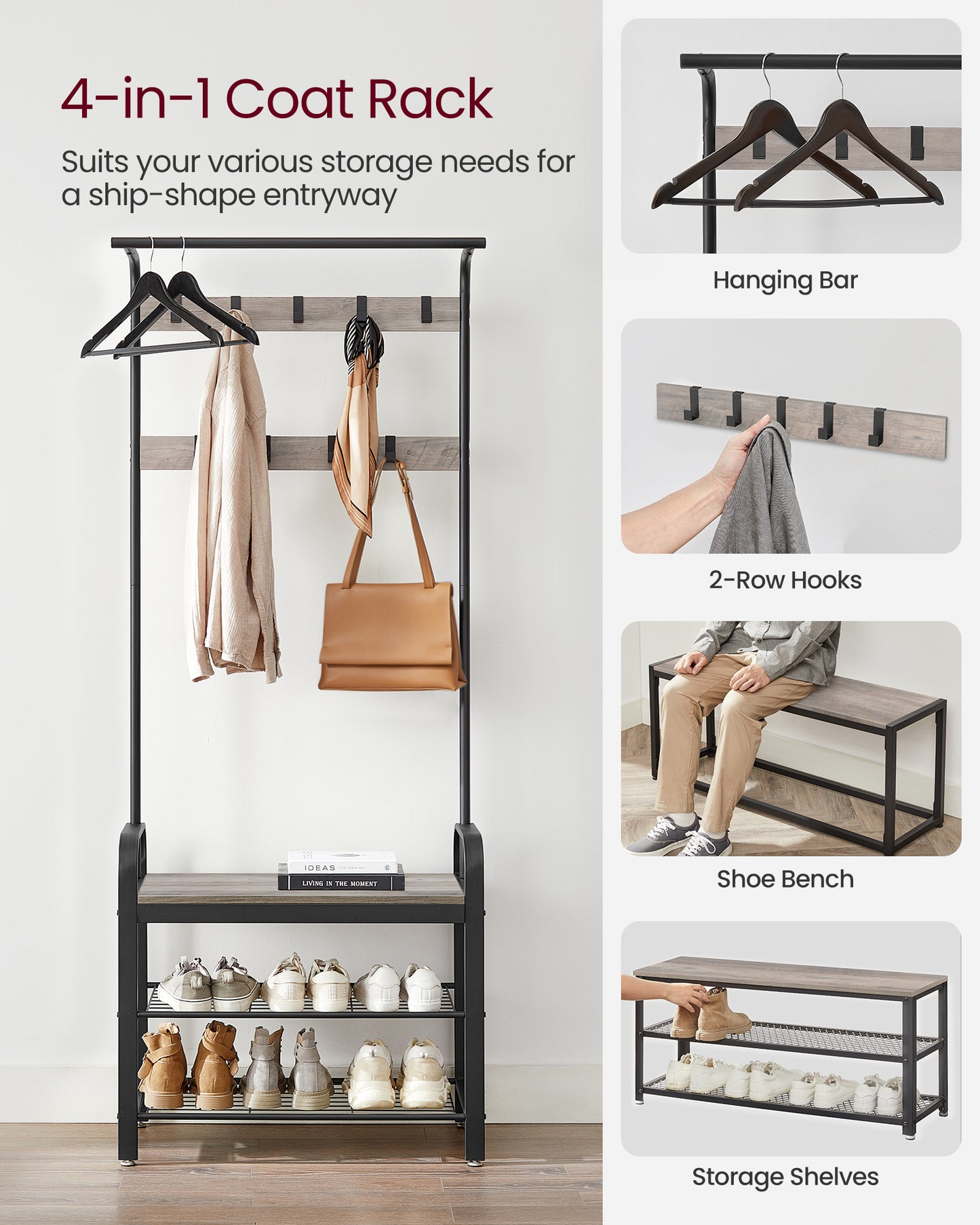 Coat Rack, Hall Tree with Shoe Bench for Entryway, Entryway Bench with Coat Rack, 4-in-1, with 9 Removable Hooks, a Hanging Rod