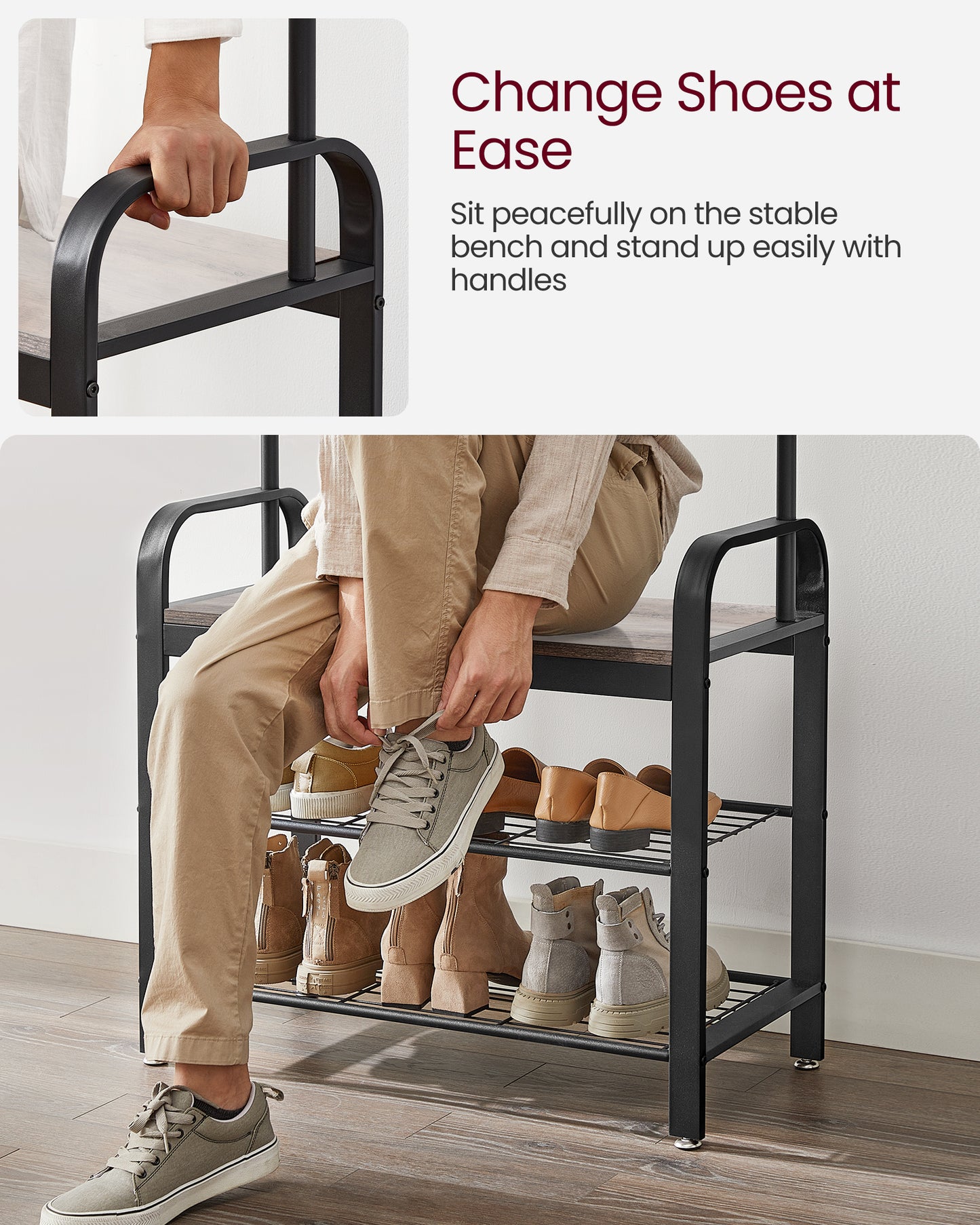 Coat Rack, Hall Tree with Shoe Bench for Entryway, Entryway Bench with Coat Rack, 4-in-1, with 9 Removable Hooks, a Hanging Rod
