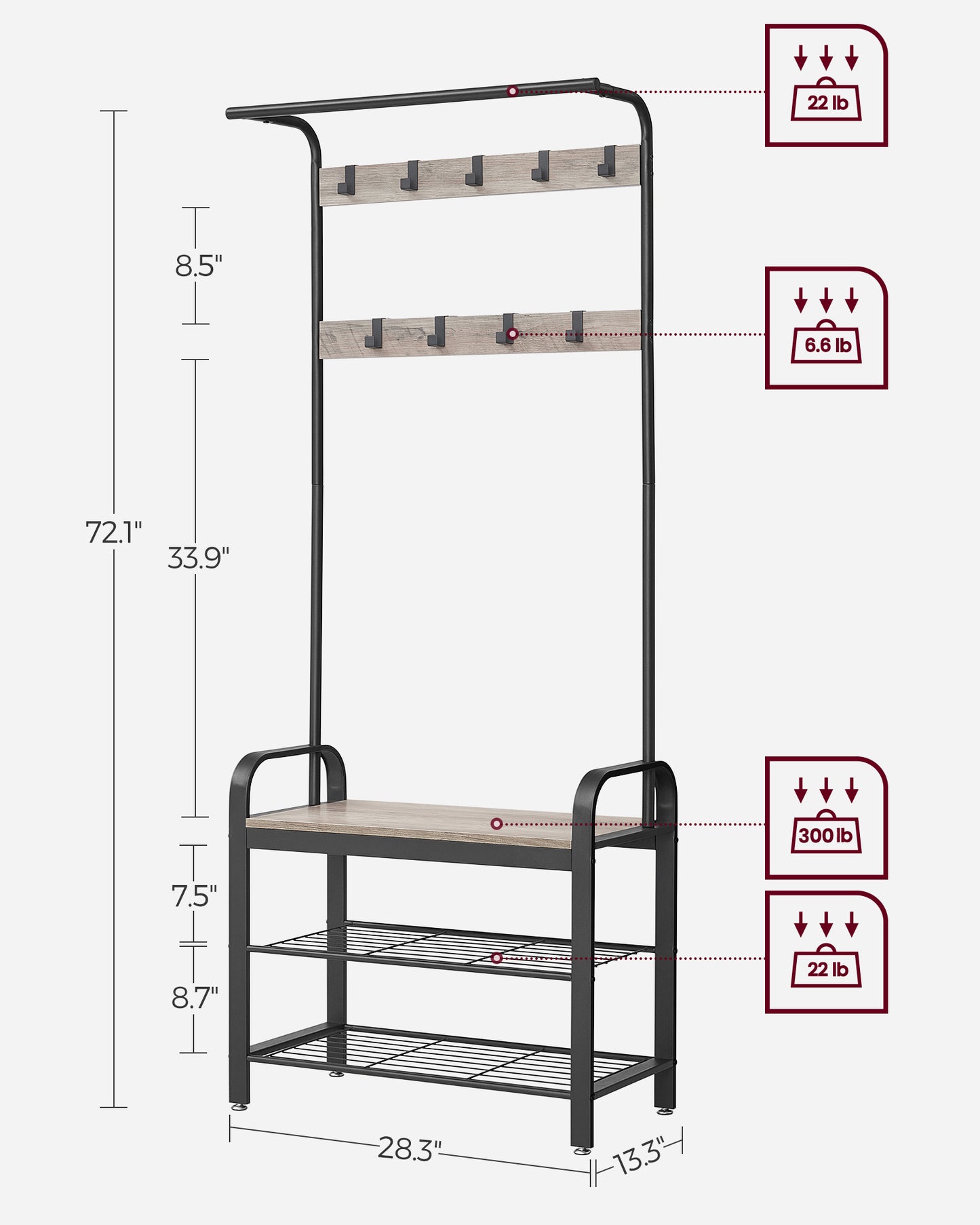 Coat Rack, Hall Tree with Shoe Bench for Entryway, Entryway Bench with Coat Rack, 4-in-1, with 9 Removable Hooks, a Hanging Rod