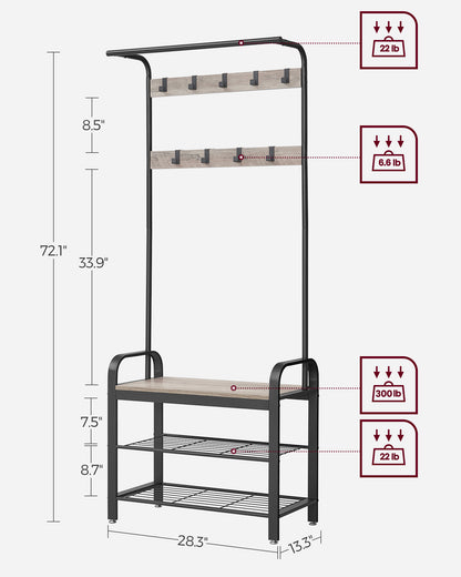 Coat Rack, Hall Tree with Shoe Bench for Entryway, Entryway Bench with Coat Rack, 4-in-1, with 9 Removable Hooks, a Hanging Rod