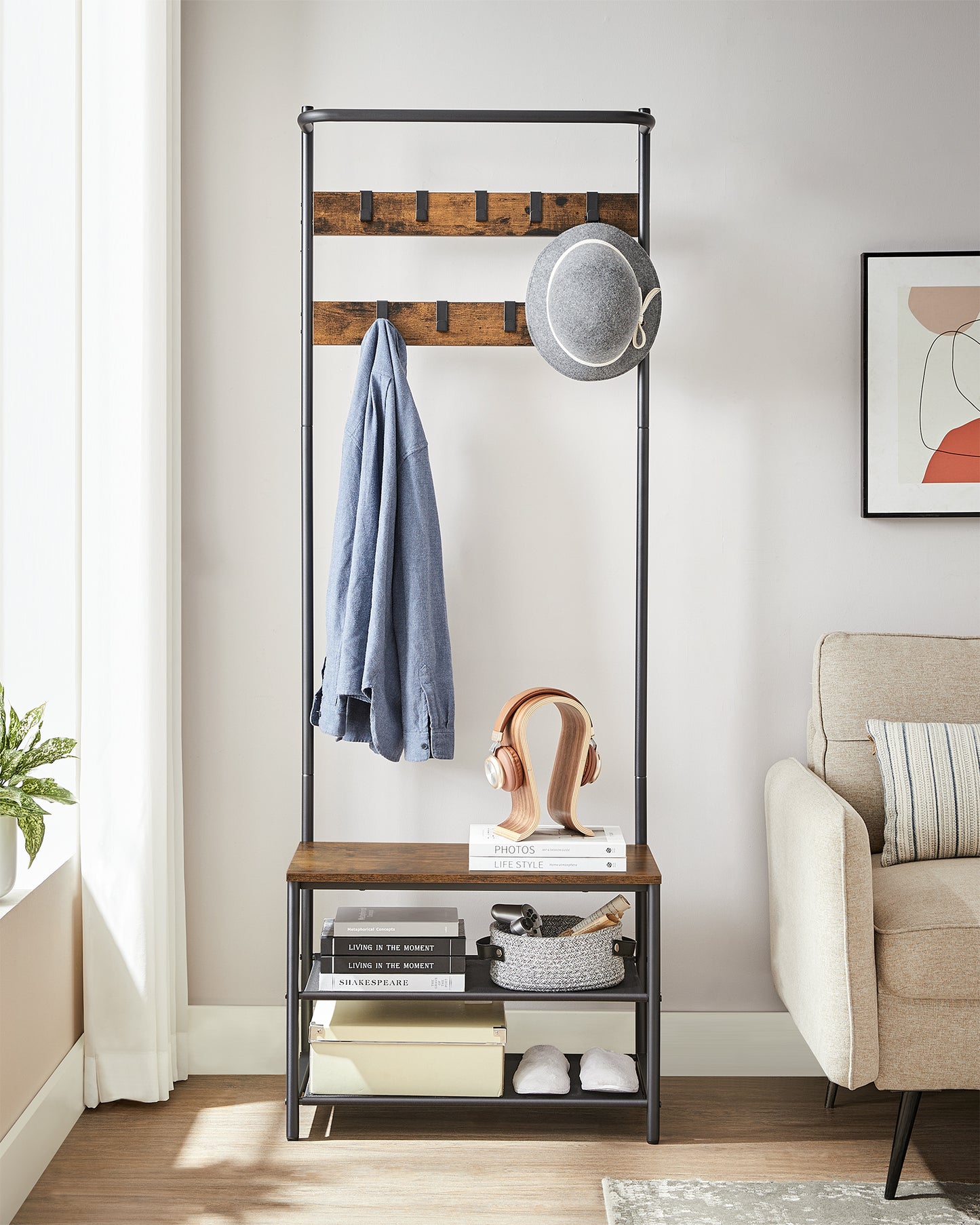 Hall Tree with Bench and Shoe Storage, Entryway Bench with Coat Rack Stand and Shoe Rack, 9 Movable Hooks, Top Bar, Fabric Shelves, Industrial, Rustic Brown and Black
