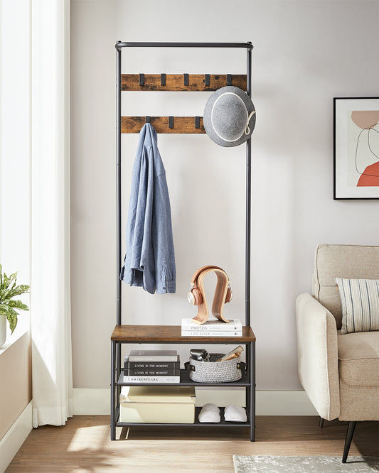 Hall Tree with Bench and Shoe Storage, Entryway Bench with Coat Rack Stand and Shoe Rack, 9 Movable Hooks, Top Bar, Fabric Shelves, Industrial, Rustic Brown and Black