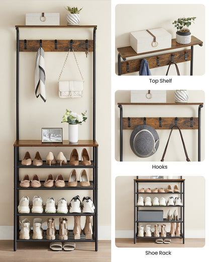 Hall Tree with Shoe Bench, Coat Rack Shoe Bench, 5-Tier Shoe Rack Different Heights, 5 Dual Hooks, Top Shelf, Entryway Organizer, Hallway Bedroom Dorm, Rustic Brown and Black