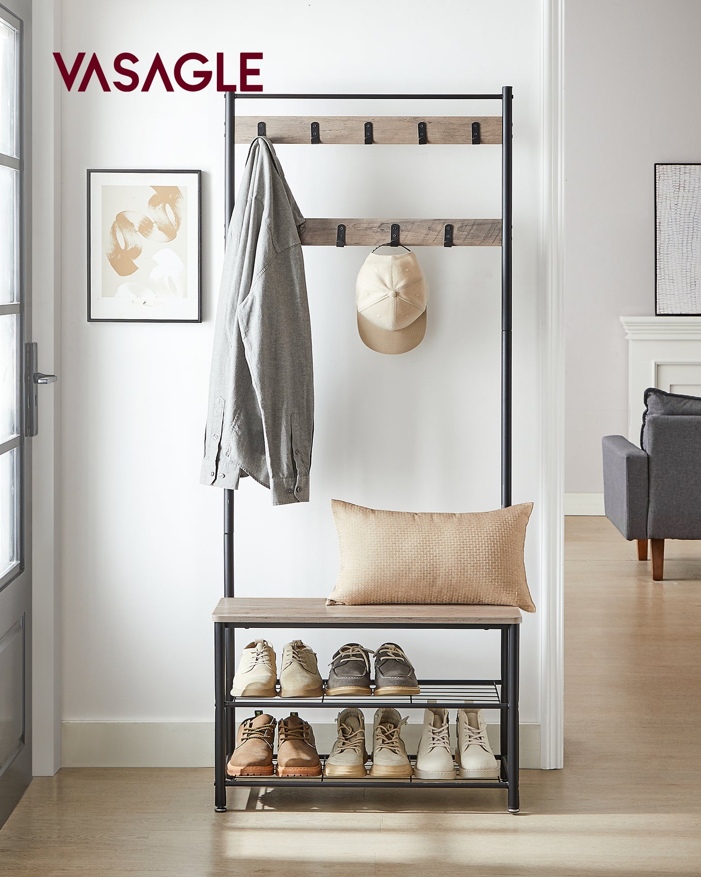 Coat Rack, Hall Tree with Shoe Storage Bench, Entryway Bench with Shoe Storage, 3-in-1, Steel Frame, for Entryway, 12.6 x 27.6 x 68.9 Inches, Industrial, Greige and Black