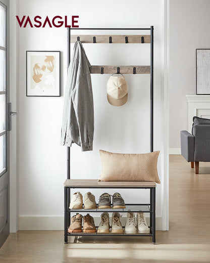 Coat Rack, Hall Tree with Shoe Storage Bench, Entryway Bench with Shoe Storage, 3-in-1, Steel Frame, for Entryway, 12.6 x 27.6 x 68.9 Inches, Industrial, Greige and Black