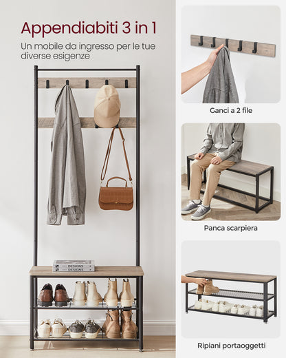 VASAGLE Coat Rack Hall Tree with Shoe Storage Bench Entryway Bench with Shoe Storage for Entryway Greige and Black