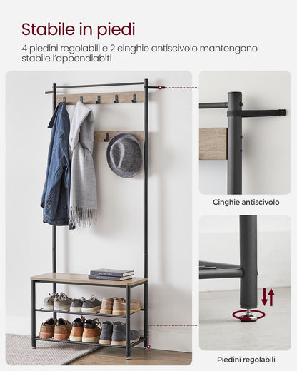 Coat Rack, Hall Tree with Shoe Storage Bench, Entryway Bench with Shoe Storage, 3-in-1, Steel Frame, for Entryway, 12.6 x 27.6 x 68.9 Inches, Industrial, Greige and Black
