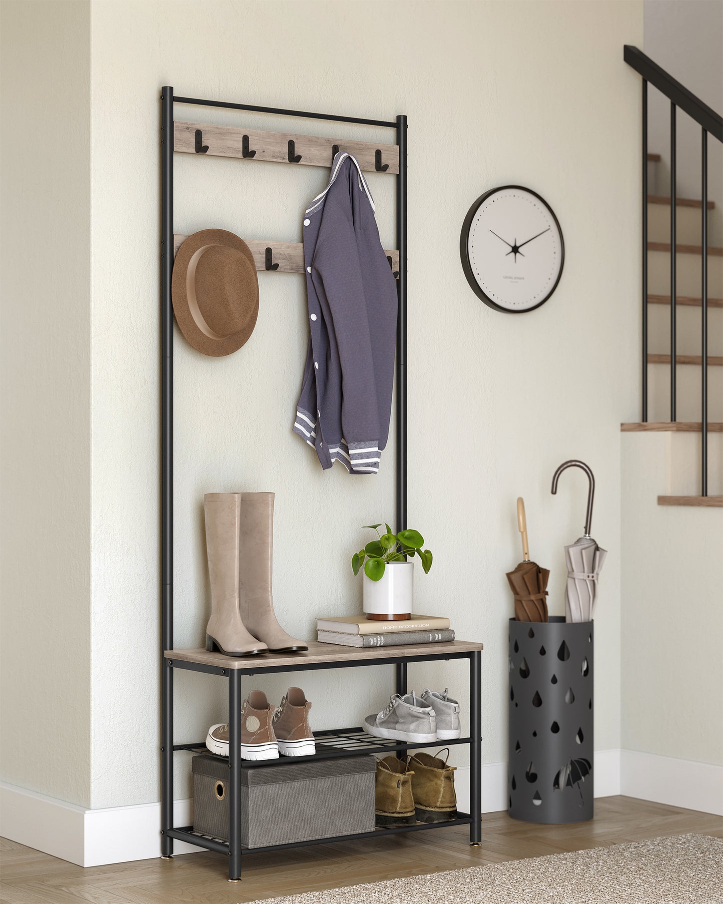 Coat Rack, Hall Tree with Shoe Storage Bench, Entryway Bench with Shoe Storage, 3-in-1, Steel Frame, for Entryway, 12.6 x 27.6 x 68.9 Inches, Industrial, Greige and Black