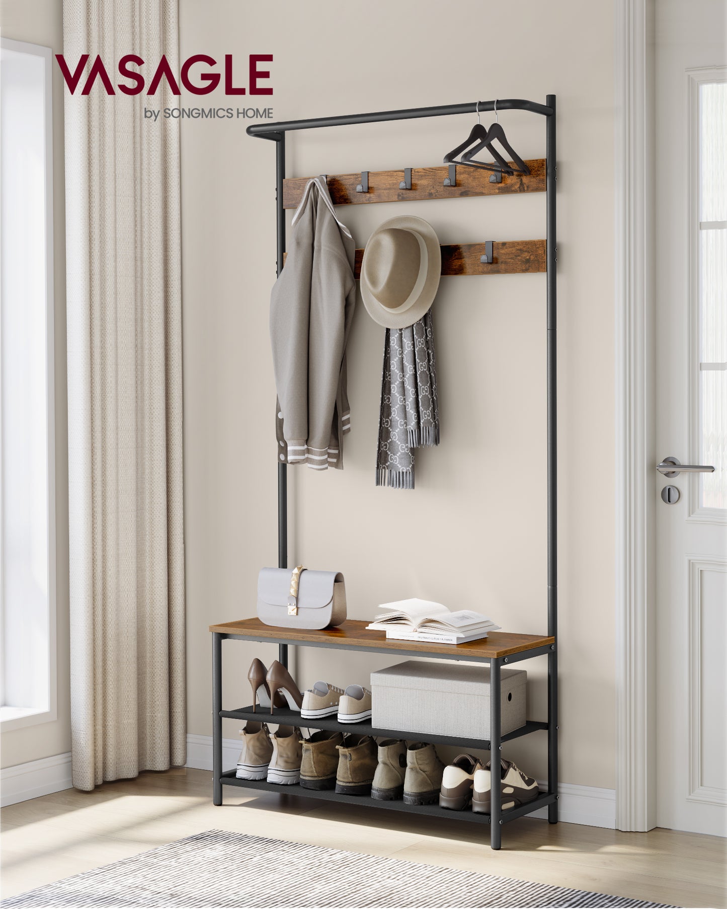 Hall Tree with Bench and Shoe Storage, Entryway Bench with Coat Rack Stand and Shoe Rack, 9 Movable Hooks, Top Bar, Fabric Shelves, Industrial