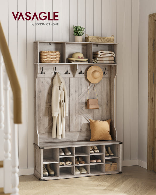 Farmhouse Style Hall Tree - Multipurpose Entryway Furniture. Features Bench, 16 Compartments for Shoe Storage, 6 Tri-Hooks. Heather Greige.
