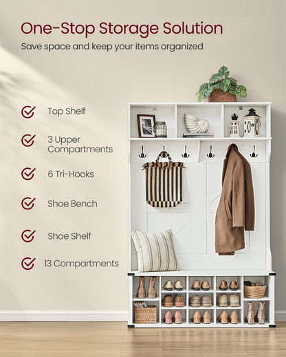 Hall Tree with Bench and Shoe Storage, Coat Rack with Shoe Bench, Entryway Furniture, 16 Open Compartments, 6 Tri-Hooks, Farmhouse Style, Space Saving, Rustic White