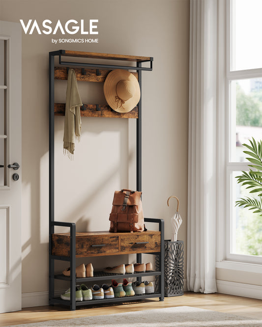 Hall Tree with Bench and Shoe Storage, Entryway Coat Rack with Shoe Bench, 2 Fabric Drawers, 10 Hooks, 11.8 x 31.7 x 71.5 Inches, Vintage Brown and Ink Black