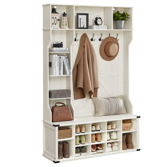 Hall Tree with Bench and Shoe Storage, Coat Rack with Shoe Bench, Entryway Furniture, 20 Open Compartments, 6 Tri-Hooks, Farmfouse Style, Space Saving, Rustic White