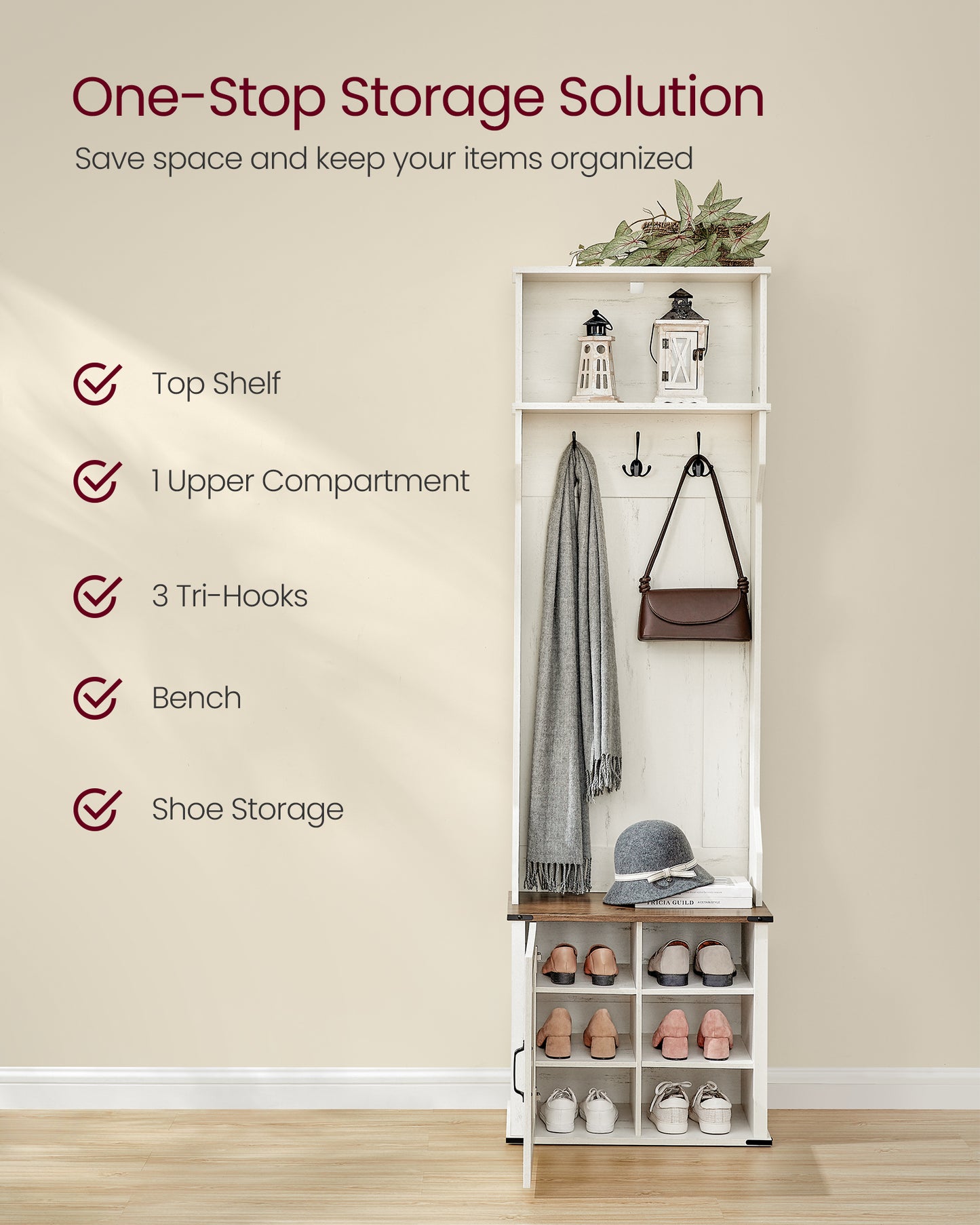 Hall Tree with Bench and Shoe Storage, Coat Rack with Shoe Bench, Entryway Furniture, 3 Tri-Hooks, Door with Handle, Farmfouse Style, Space Saving, Rustic White and Honey Brown