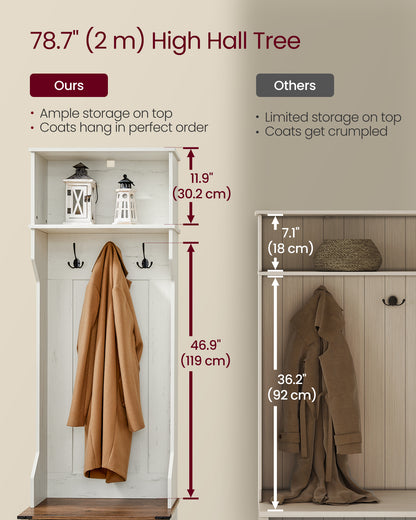 Hall Tree with Bench and Shoe Storage, Coat Rack with Shoe Bench, Entryway Furniture, 3 Tri-Hooks, Door with Handle, Farmfouse Style, Space Saving, Rustic White and Honey Brown