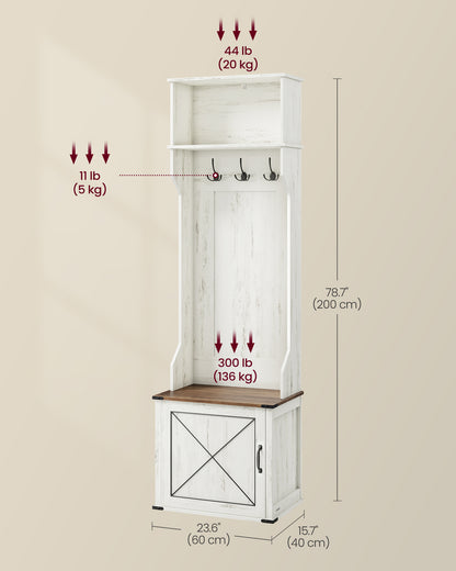 Hall Tree with Bench and Shoe Storage, Coat Rack with Shoe Bench, Entryway Furniture, 3 Tri-Hooks, Door with Handle, Farmfouse Style, Space Saving, Rustic White and Honey Brown