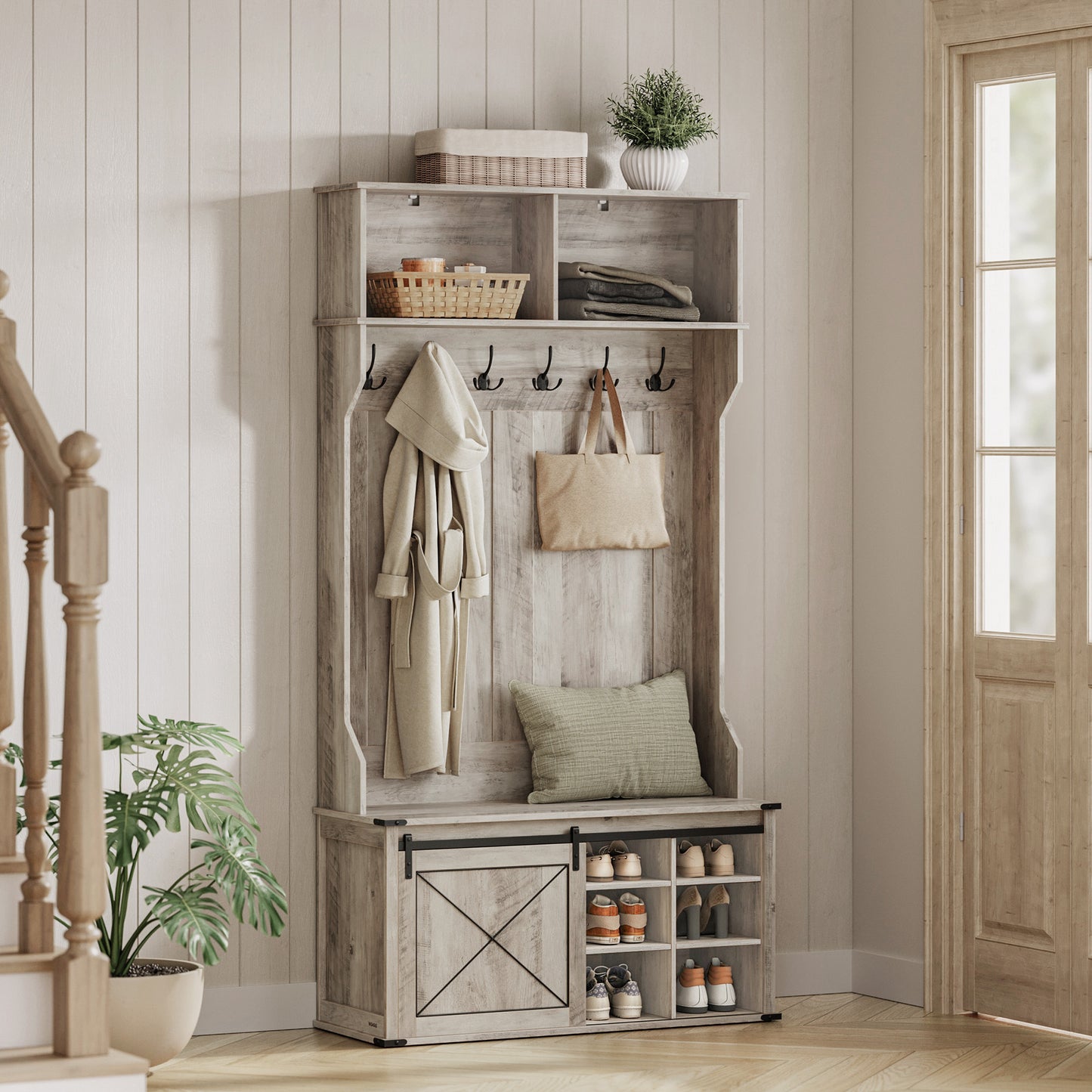 Hall Tree, Coat Rack with Shoe Bench, Entryway Furniture, Tri-Hooks, Rustic White and Honey Brown