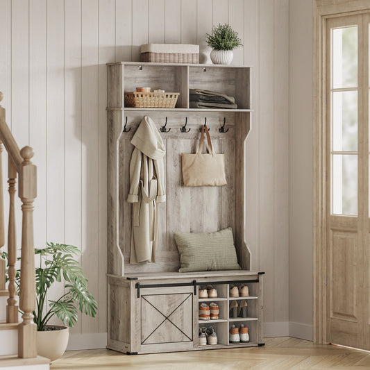 Hall Tree, Coat Rack with Shoe Bench, Entryway Furniture, Tri-Hooks, Rustic White and Honey Brown