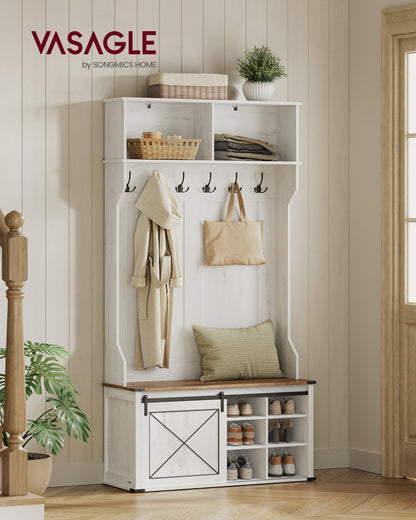 Hall Tree with Bench and Shoe Storage, Coat Rack with Shoe Bench, Entryway Furniture, 6 Tri-Hooks, Sliding Door, Farmfouse Style, Space Saving, Rustic White and Honey Brown